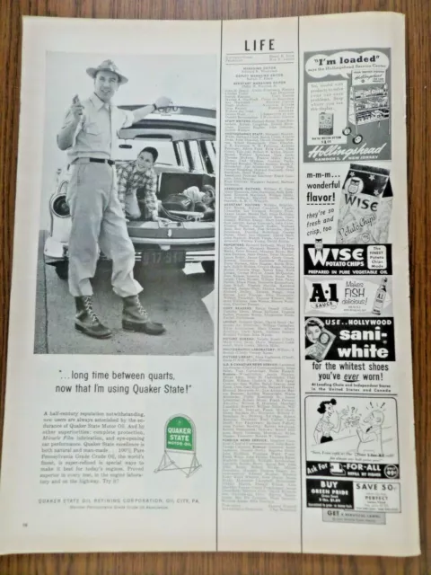 1955 Quaker State Oil Ad Long Time Between Quarts Station Wagon