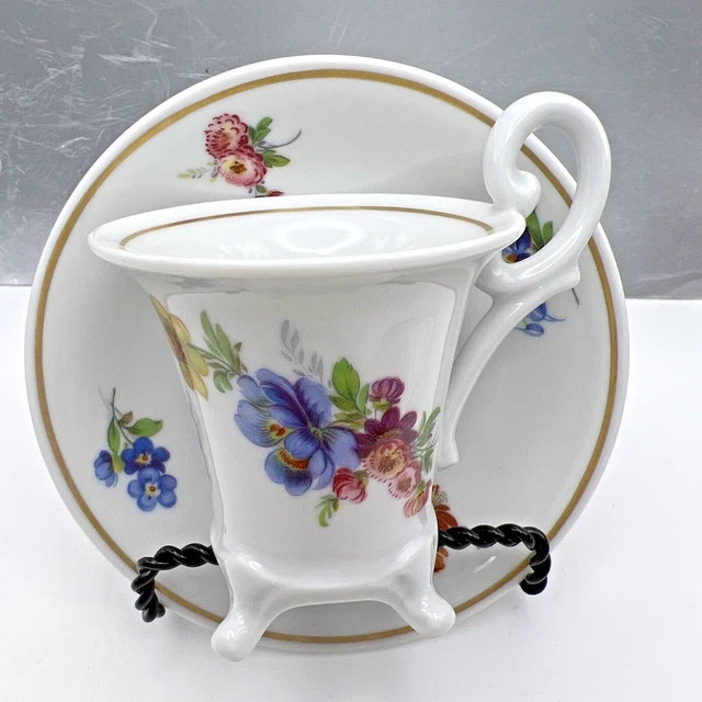 Weimar Footed Demitasse Cup and Saucer Set White and Floral Porcelain Germany