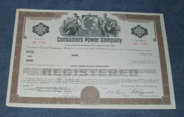 1970 Consumers Puissance Company Mortgage Bond Certificat