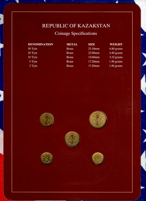 Coin Sets of All Nations Kazakhstan w/card 50, 20, 10, 5, 2 Tyin 1993 UNC 2