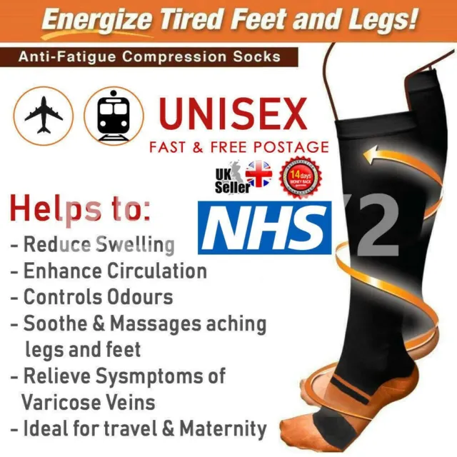 Unisex Copper Infused Anti-Fatigue Compression Socks Varicose Vein Stocking Pair