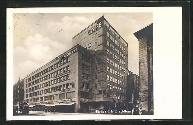 AK Stuttgart, Mittnachtbau mit Café Schwörer und Geschäften 1929