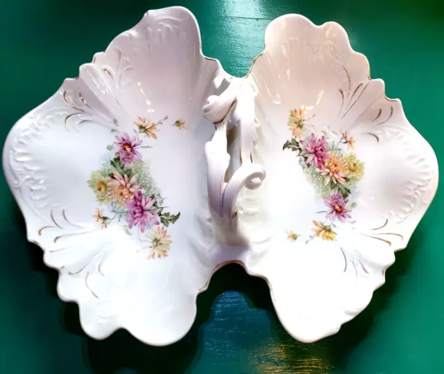 Antique CT Carl Tielsch Germany Floral Mums Divided Handled Dish Bowl 1800's 14"