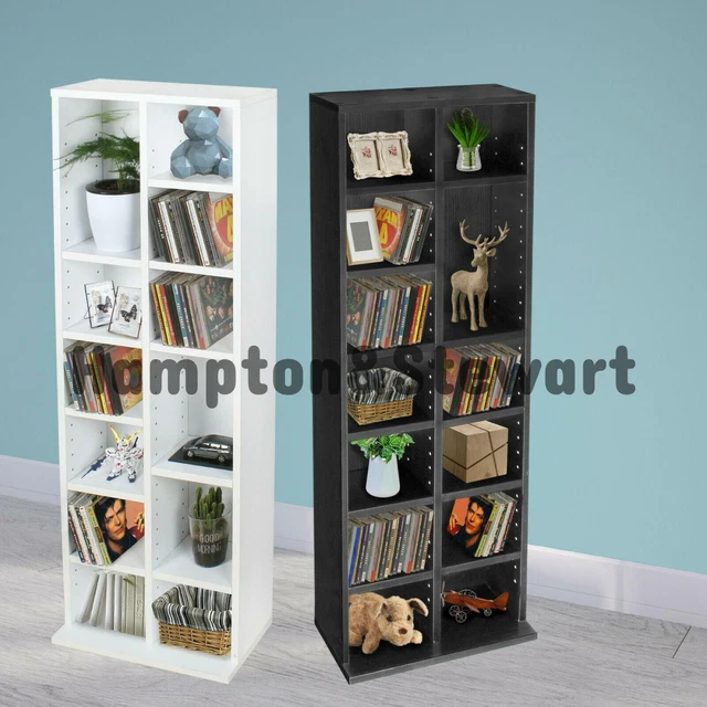 DOUBLE RACK DVD Storage Tower Rack CD Unit Shelf Wood Black/White £36.