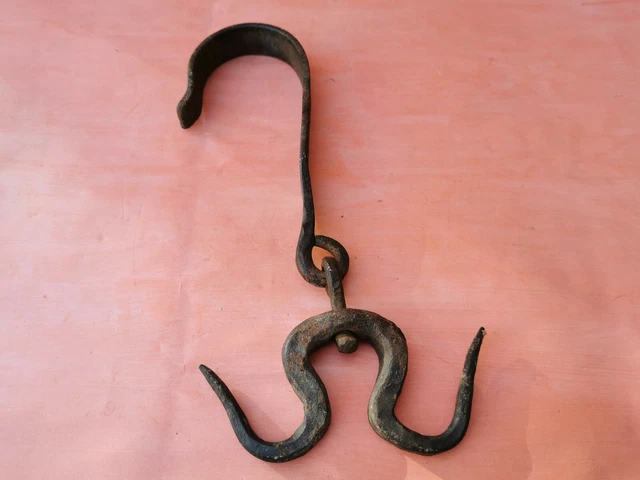 ANTIQUE VERY RARE OLD HAND FORGED WROUGHT IRON HOOK HANGER 19th