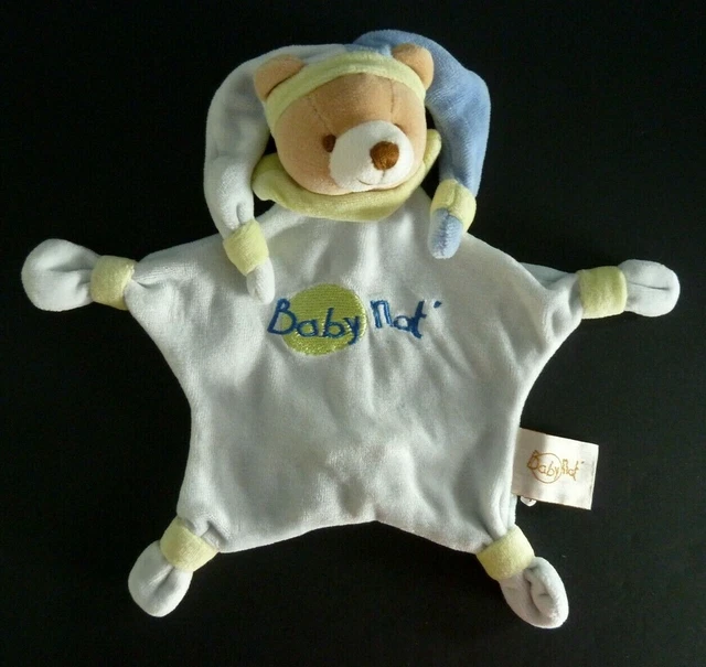 * DOUDOU BABY NAT OURS ARLEQUIN babynat' PLAT BLEU VERT BONNET 2 POINTES - TBE