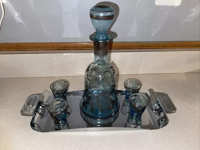 Antique Bohemian Blue Glass w/ Silver Overlay Decanter & 4 Cordial Glasses