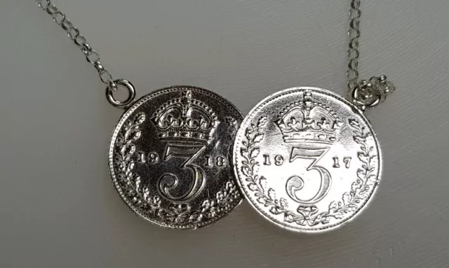 two coin necklace ,solid sterling silver genuine threepence coins