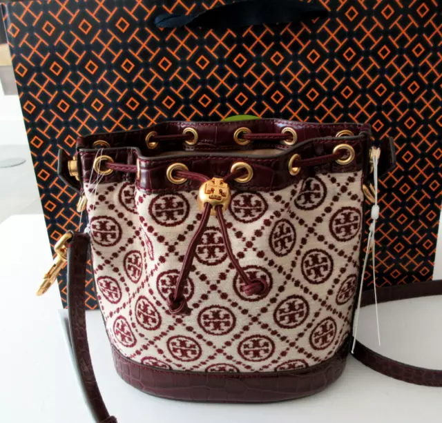 AUTH NWT $548 Tory Burch T Monogram Jacquard Studded Mini Crescent Bag In  Claret