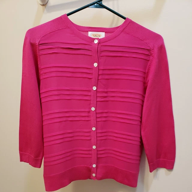 Talbots Wmn 100% Silk Cardigan Sweater Mixed Media Pink Sz 2/XS Pleating Abalone