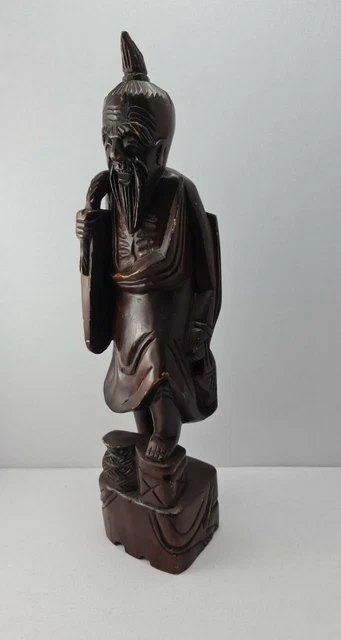 Chinese Wooden Statue Happy Fisherman Elder Asian Rare Hand carved Sculpture Art