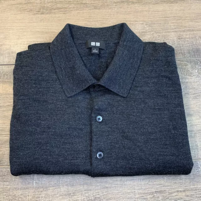 Uniqlo Mens 100% Wool Long Sleeve Polo Sweater (M/L) Black /Gray Flawless B11