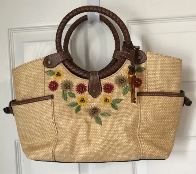 Vintage FOSSIL straw and braided Brown leather handbag Boho Floral Y2K