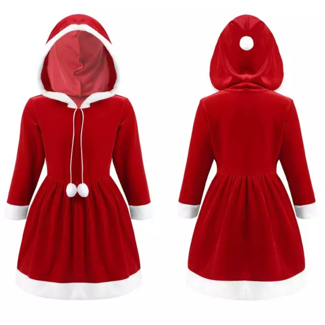 Kids Girls Christmas Mrs. Claus Costume Velvet Long Sleeve Hooded Party Dress