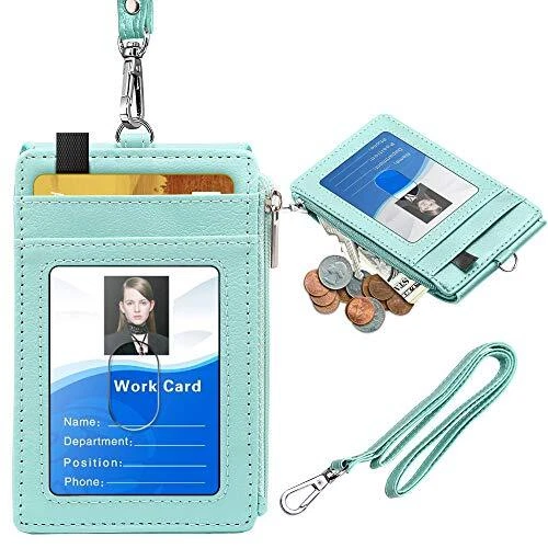 Leather ID Badge Card Holder Wallet with 5 Card Slots Zipper and Lanyard