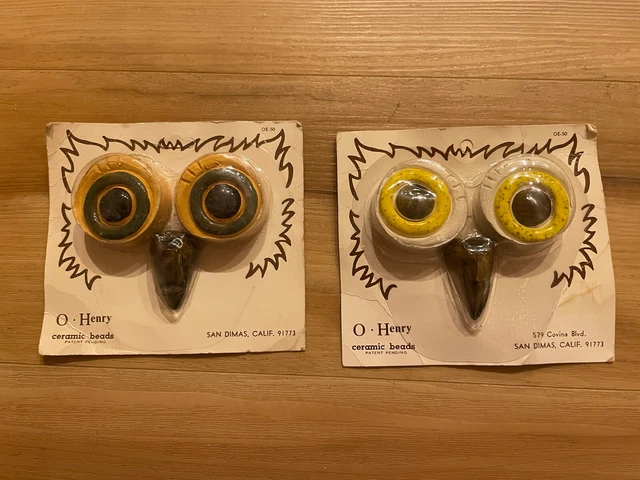 2 VTG Ceramic Macrame Beads Owl Eyes Beak NOS Orig Pkg O Henry BOHO Cottage Core