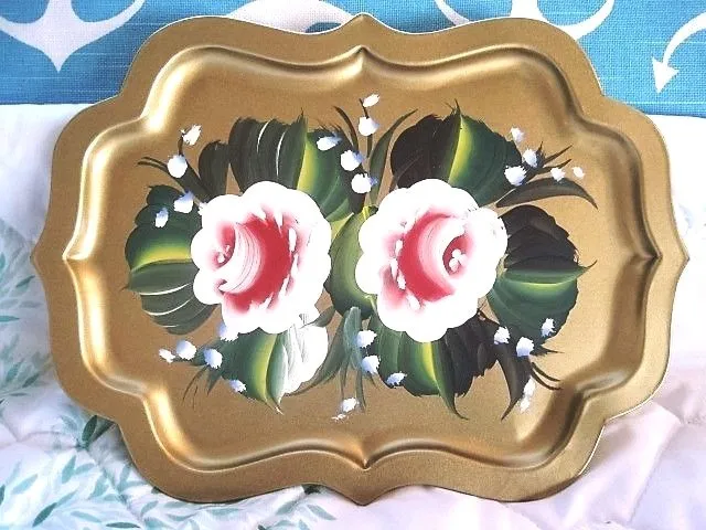 Vintage Hand Painted Pink Roses Serving Buffet Catering Tidbit Tole Pin Tray