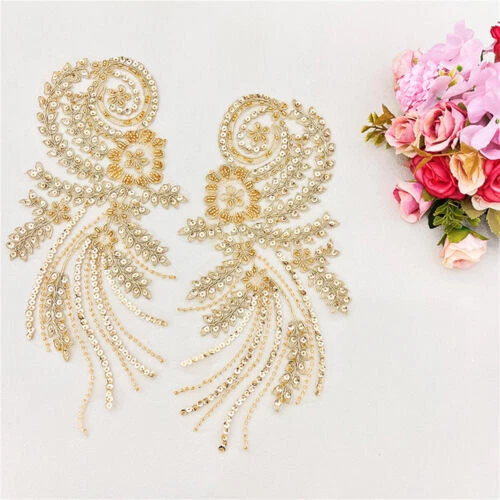 2x Parche de Encaje Floral Bordado con Cuerdos Dorados Aplique Lentejuelas para Vestido de Boda