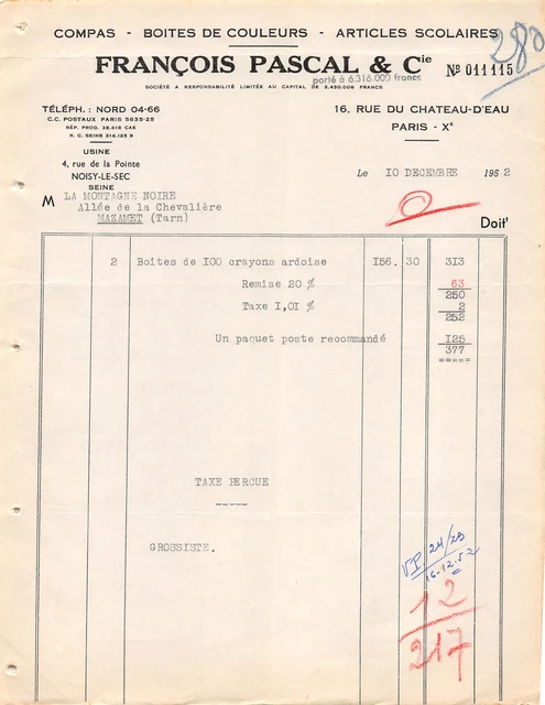 1952 FACTURE Francois Pascal Paris - La Montagne Noire Mazamet EUR 10 ...
