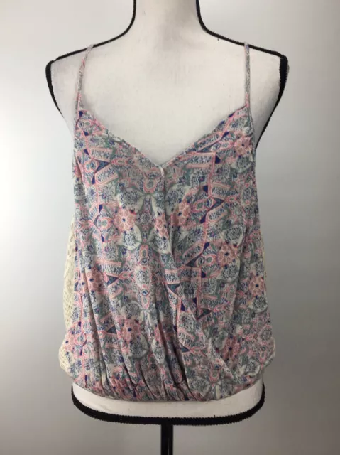 Free People Tank Top Crocheted Inset Strappy Drape Back Floral Print NWT