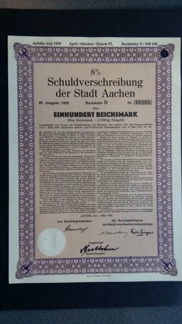 8 % Schuldverschreibung Stadt Aachen 100 RM 1929