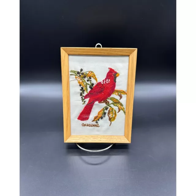 Vintage Crewel Embroidery Cardinal Red Bird Wood Framed Under Glass 1978