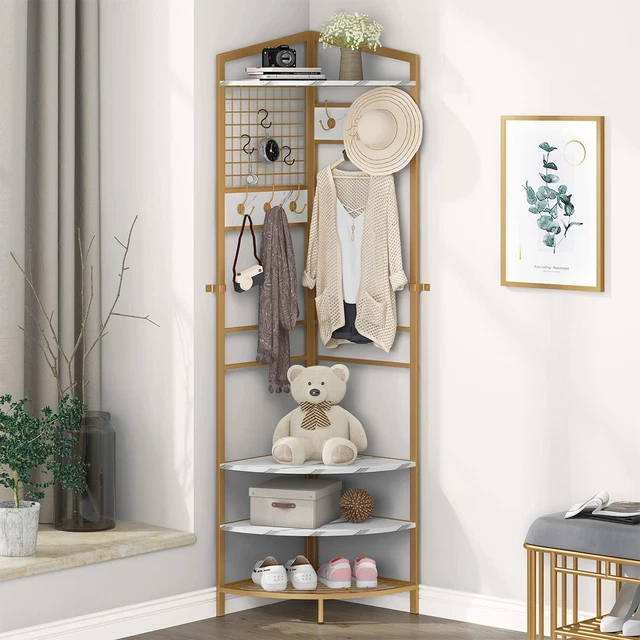 Corner Hall Tree Gold, Industrial Corner Coat Rack with Hooks and Storage Shelf,