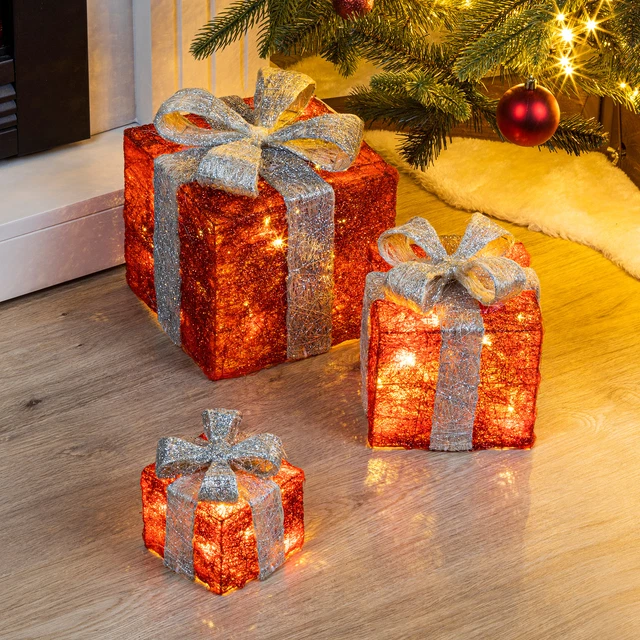 3er-Set LED-Geschenkboxen Aus Sisal - Mit Timer, Rot, Batteriebetrieben