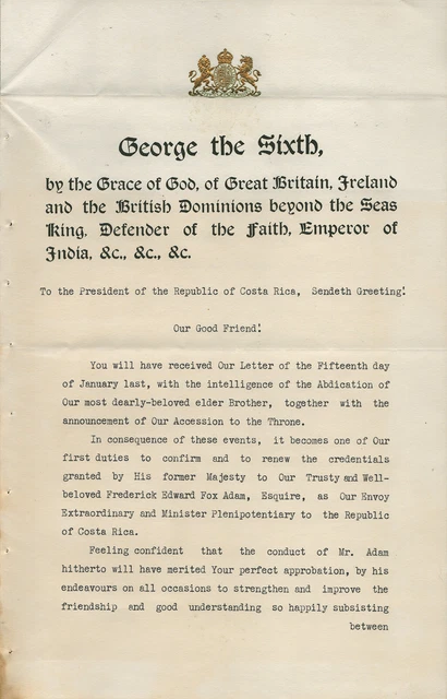 King George Vi (Great Britain) - Typed Letter Signed 02/10/1937