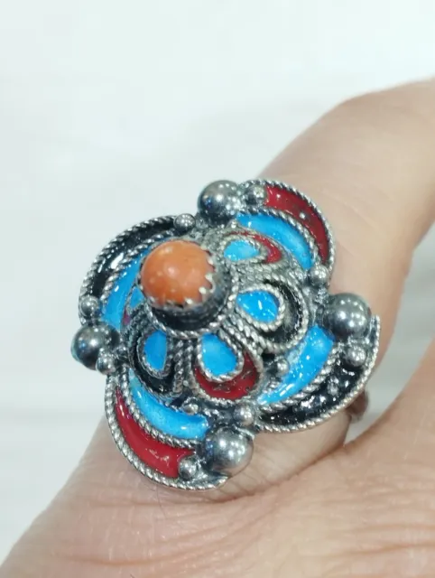 Bague Ajustable Ancienne Kabyle En Argent Émaillé Et Vrai Corail Bijou Algérie