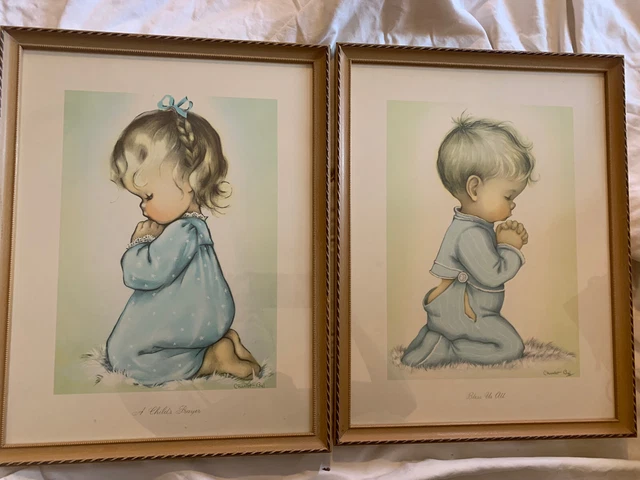 2 Vintage Framed Artworks  By Charlot Byi. A Boy & Girl Praying