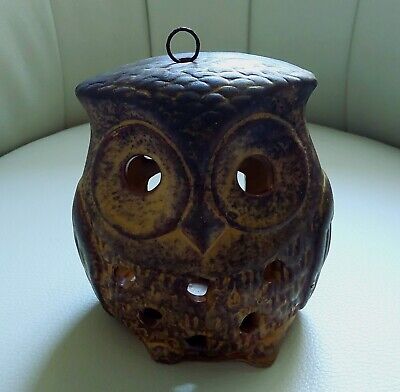 Old Owl Tea Light Holder Rustic Porcelain Hanging Mottled Multi Brown Colors