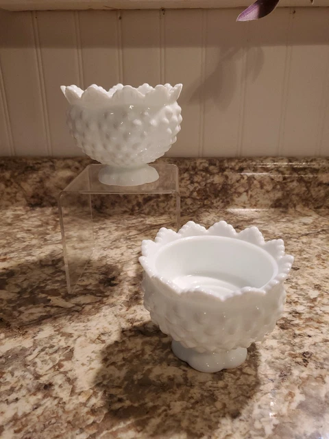 2 Vintage Fenton Milk Glass Hobnail Footed Single Candle Holder