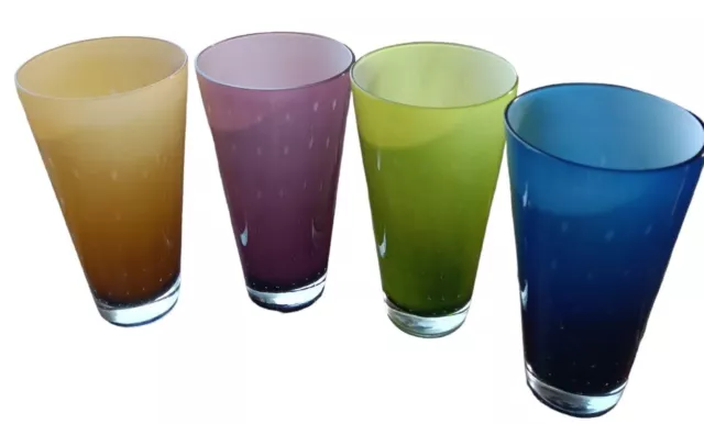 4 Taper Tumblers Glasses  6.50" Bubble Glass Blue, Apple Green, Amethyst & Gold.