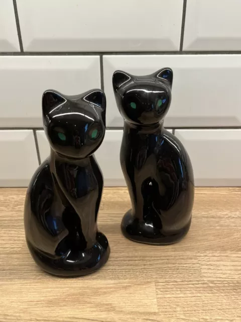 2 Vintage Mid Century Pair  Ceramic Black Siamese Cats with Green Eyes Ornaments