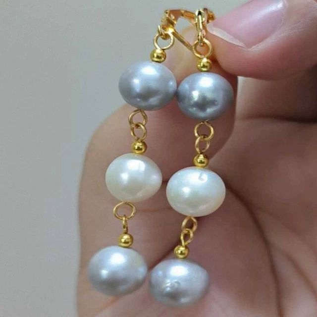 9-10MM Natural Baroque White Gray pearl Dangle Earrings 14K Women Ear stud
