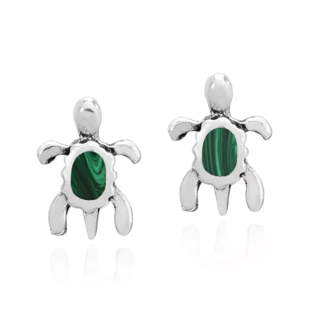 Tiny Sterling Silver Sea Turtles with Malachite Stud Earrings