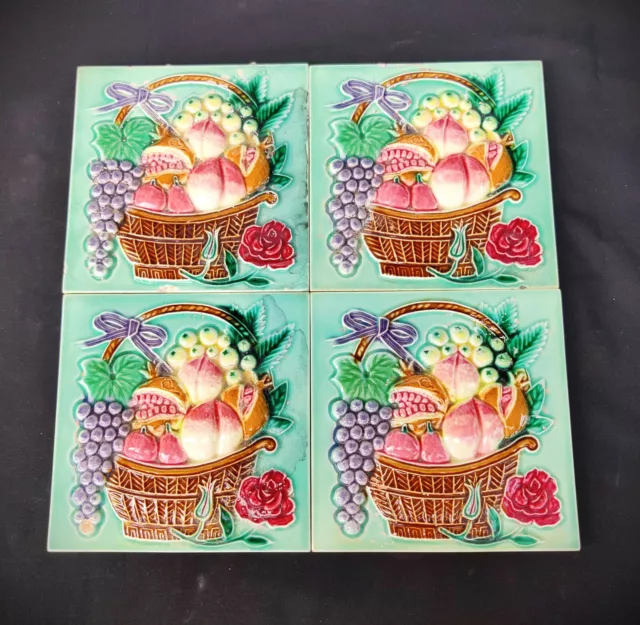 Vintage Fruit Basket Embossed Unused 4 Pcs Dk Tm Architecture Tile Japan CT74