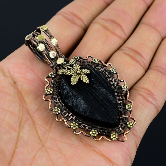 Black Tourmaline Rough Gemstone Copper Wire Wrap Handmade Jewelry Dainty Pendant