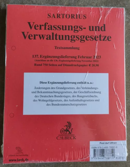 137. EL | Sartorius Verfassungs- und Verwaltungsgesetze, NEU/OVP