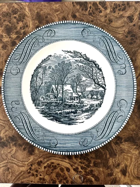 Currier & Ives The Old Grist Mill Blue & White Dinner Plate USA