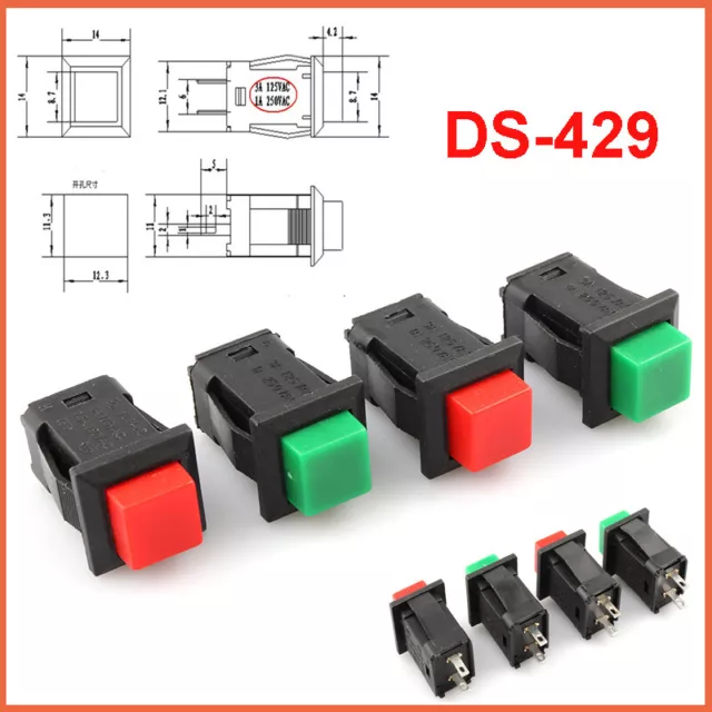 Square Push Button Switch Latching Momentary On/Off SPST 2 Pin Red Green DS-429