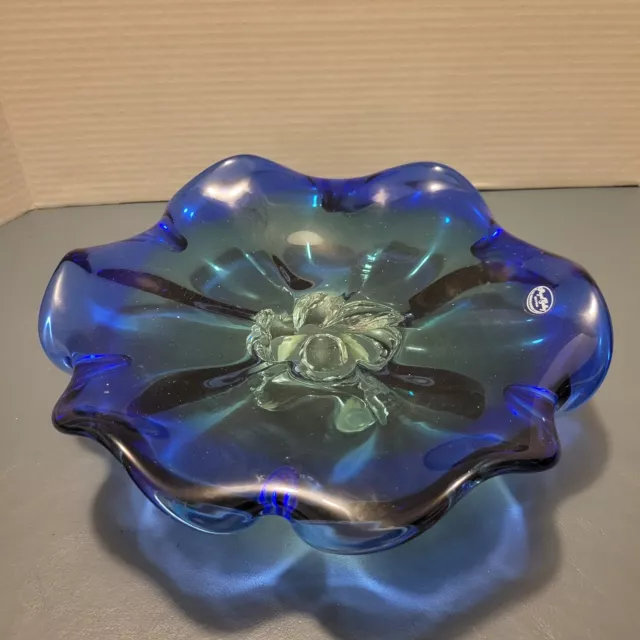 Vintage Royal Gallery Poland Glass Cobalt Blue Green Flower Bowl Murano Style