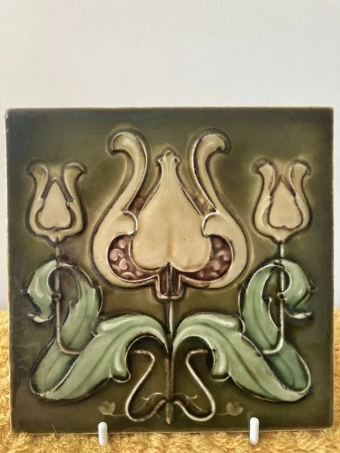 Antique Henry Richards c1904 Triple Tulip Floral 6" Art Nouveau Tile