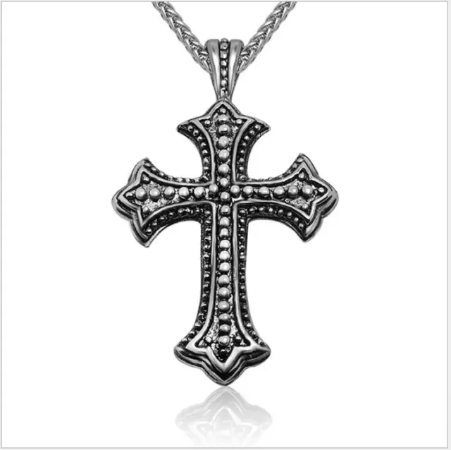 NEW Fashion Unisex Black Silver Stainless Steel Cross Pendant Chain Necklace 3