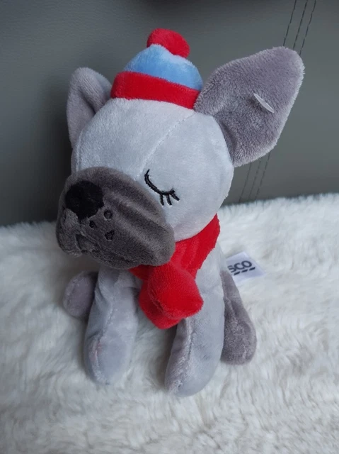 TESCO 7" Grey French Bulldog Pug Soft Plush Toy Dog in Hat & Scarf Toddler Kids