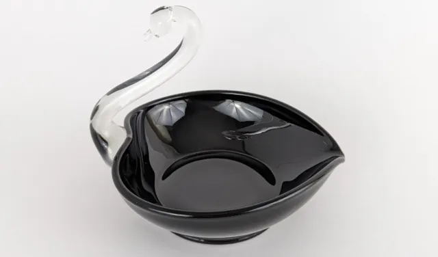Unique Vintage Hand-Blown Glass Swan Catch-All Bowl/Dish Black & Clear Art Deco