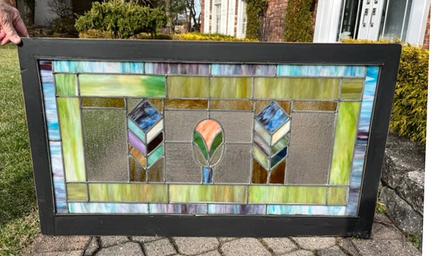 antique STAINED Leaded MISSION GLASS Window - 42" by 24"