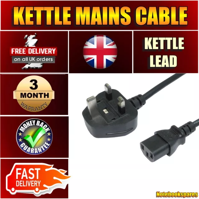 1.8m Black 3 Pin Female Kettle Laptops Mains Power Cable Lead Plug UK IEC