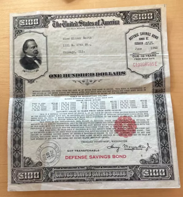 Series E USA 100 Dollars War Savings Bond 1942